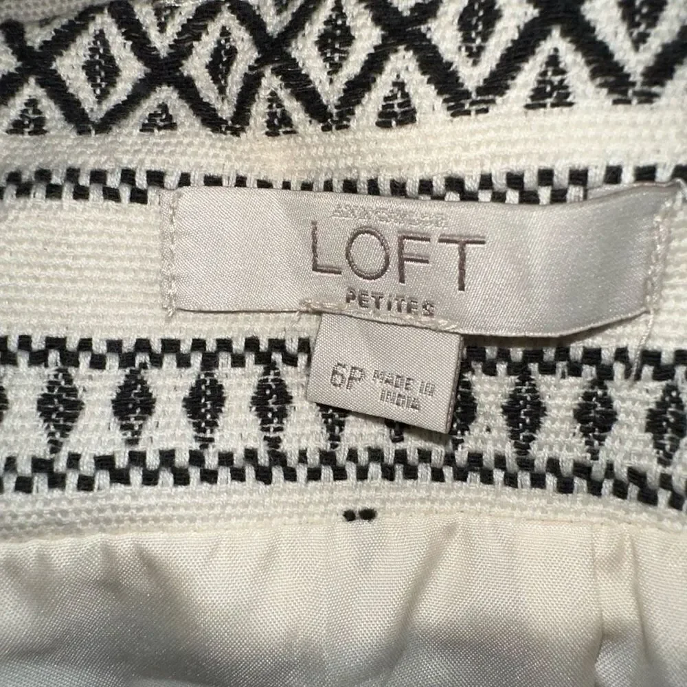 LOFT Womens 6P Ivory & Black Boho Embroidered Geometric‎ Canvas Pencil Skirt
